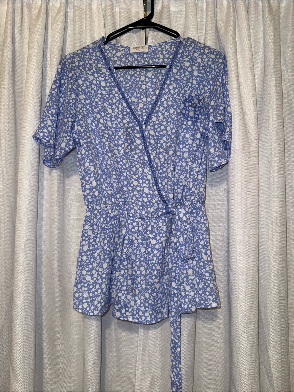 Sienna Sky Blue and White Floral Wrap Tunic with Tie